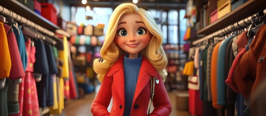 Fototapeta premium Stylish animated blonde girl in a clothing store Cheerful character surrounded by lots of colorful outfits Shopping adventure