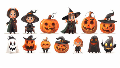 Cute and Spooky Set of Halloween Monsters and Characters in Cartoon Style - Digital Art on White Background