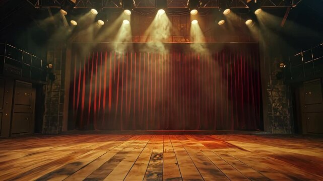 stage with spotlight red dramatic curtains, classic theatrical 