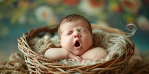 Image of a yawning newborn nestled in a basket.