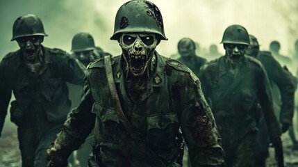 Fototapeta premium It is an alternate history where zombies fought in War, with undead soldiers in tattered uniforms marching through battlefield