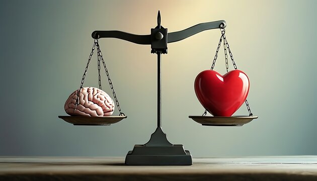Emotional Balance A set of balanced scales holding a heart on one side and a brain on the other, to signify harmony between emotions and thoughts.