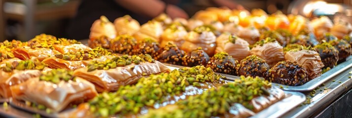 Close-up of assorted Arabic and Turkish sweets, including baklava garnished with pistachios, representing festive delicacies.