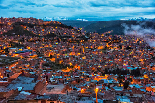 Aerial view of La Paz cityscape at dawn, Bolivia