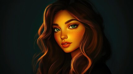 Vibrant 3D Cartoon Portrait of a Young Beautiful Woman with Radiant Skin and Long Brunette Hair Against a Dark Backdrop