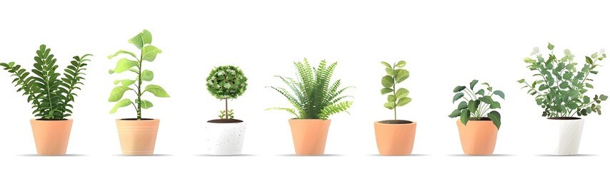 Obraz premium set of various plants in pots illustration, green leaves plants vector art style .different types of houseplants in the plant pot. 