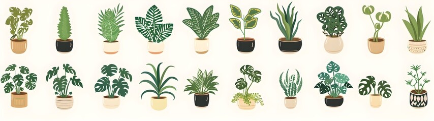 set of various plants in pots illustration, green leaves plants vector art style .different types of houseplants in the plant pot. 