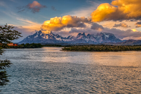 Chile, Torres del Paine National Park. Landscape with lake and Cerro Paine Grande mountains.