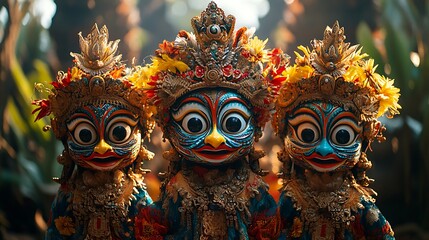 Three traditional Balinese puppets with ornate headdresses and colorful paint.