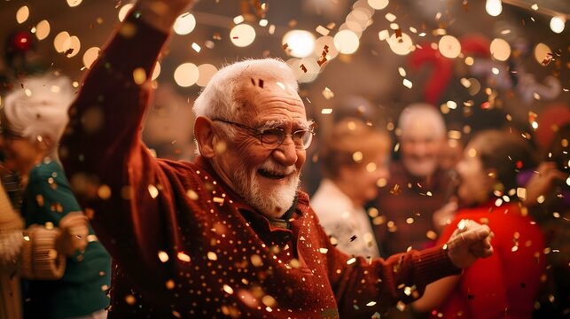 Crazy senior man having fun doing party during holidays time - Elderly people celebrating life concept.