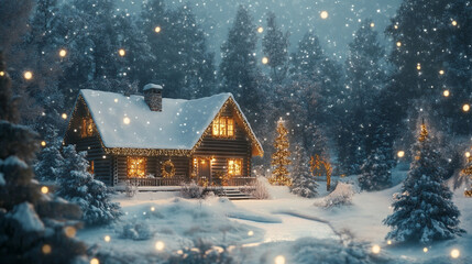 Holiday background with a cozy cabin and snow