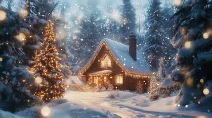 Holiday background with a cozy cabin and snow
