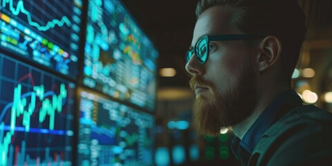 Individual examining international stock market patterns on a display featuring blue and green figures representing changes in stock prices.