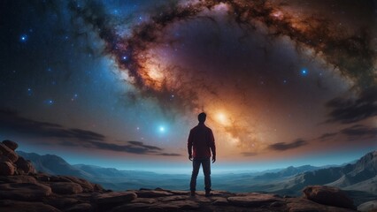 Fototapeta premium A Solitary Figure Gazing at the Milky Way Above a Mountainous Landscape