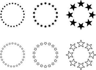 Stars of various sizes arranged in a circle. Round frame, border. Black star outline, simple symbol. Design element, ornament. Line art. Vector illustration