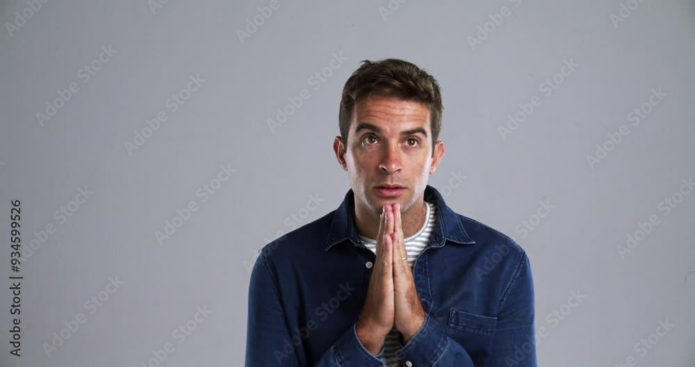 Poster Man, thinking and praying hands in studio for problem, doubt and confused idea by gray background. Person, mistake or prayer in question with questions, contemplation or frustration by mockup space