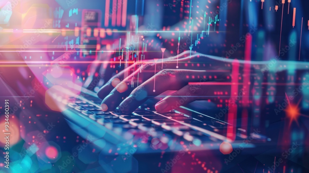 Poster hands typing on keyboard with stock market data overlay