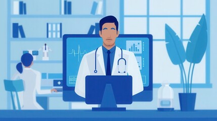 Virtual health consultation with a doctor on a desktop computer, Telemedicine, online medical service