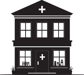 Silhouette of a pharmacy sign with a cross symbol building