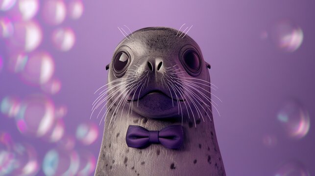 A cartoon seal wearing a purple bowtie with a purple and white blurred background.