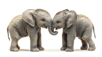 Obraz premium Two adorable baby elephants touching noses, isolated on white background.