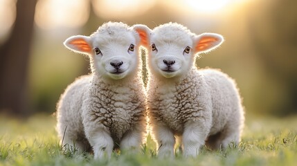 Obraz premium Two adorable white lambs standing side by side in a field, looking at the camera with a cute expression.