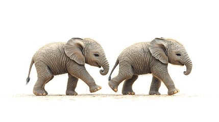 Fototapeta premium Two baby elephants walk side-by-side on a white background.