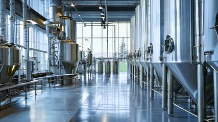 Brewery industries interior, modern beer plant with brewering kettles