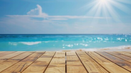 Fototapeta premium Wooden Deck with Blurry Beach Background