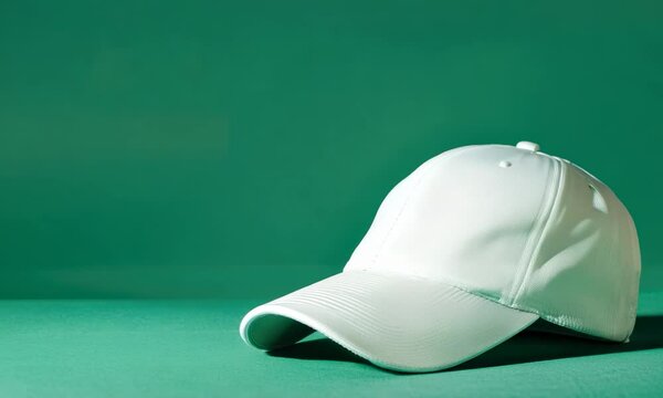 Plain white baseball cap on a green surface