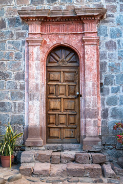 Mexico, Baja California Sur. A side door at the Mision San Ignacio
