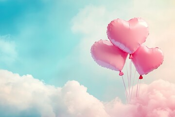 Obraz premium Valentine's day background with pink heart shaped balloons and clouds. Beautiful colorful valentine day heart in the clouds as abstract background with generative ai