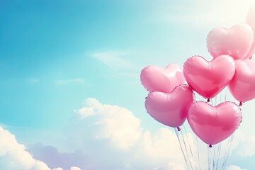 Valentine's day background with pink heart shaped balloons and clouds. Beautiful colorful valentine day heart in the clouds as abstract background with generative ai
