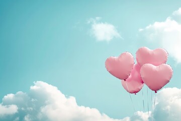 Obraz premium Valentine's day background with pink heart shaped balloons and clouds. Beautiful colorful valentine day heart in the clouds as abstract background with generative ai