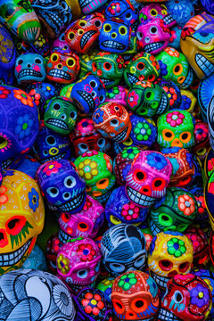 Colorful Mexican ceramic skulls, Oaxaca, Juarez, Mexico.