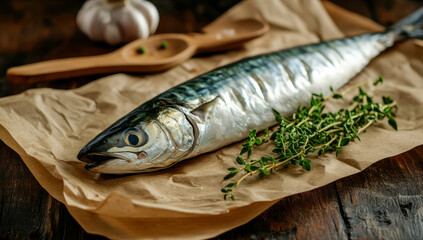 Fresh raw mackerel on brown paper, against an old wooden table