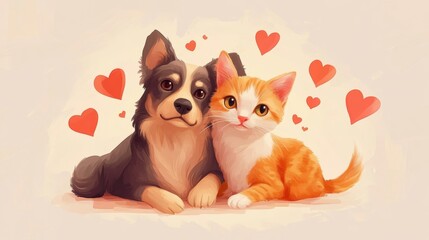 Cute dog and cat together with hearts, symbolizing love and friendship.