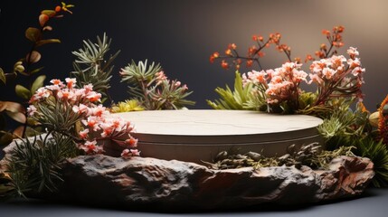 Fototapeta premium podium product stand or display with flowers, blur background and cinematic light