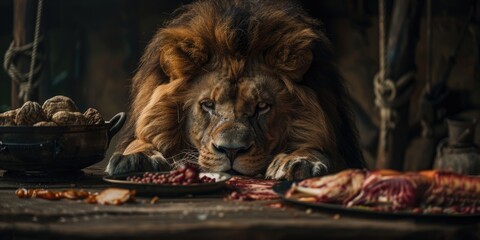 Naklejka premium Barbary Lion Feasting on Meat and Gazing Ahead