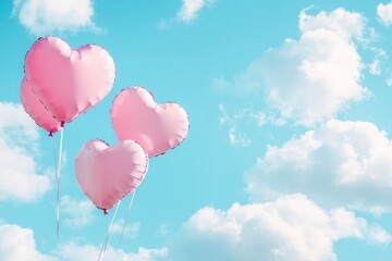 Fototapeta premium Valentine's day background with pink heart shaped balloons and clouds. Beautiful colorful valentine day heart in the clouds as abstract background with generative ai