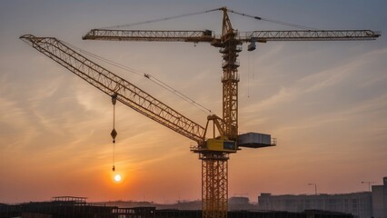 Fototapeta premium Construction Crane Silhouette Against a Sunset Sky