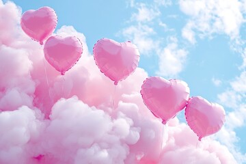 Fototapeta premium Valentine's day background with pink heart shaped balloons and clouds. Beautiful colorful valentine day heart in the clouds as abstract background with generative ai