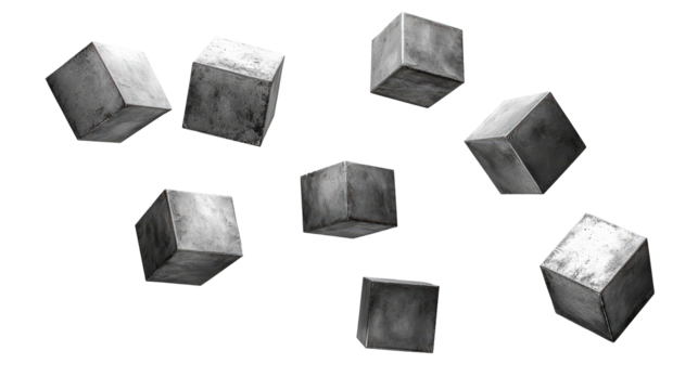 Falling gray cubes on a minimalist background in motion