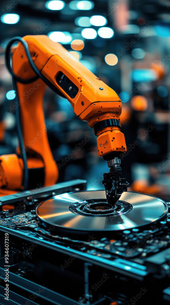 Poster a robot is working on a disk drive. the robot is orange and is surrounded by other robots
