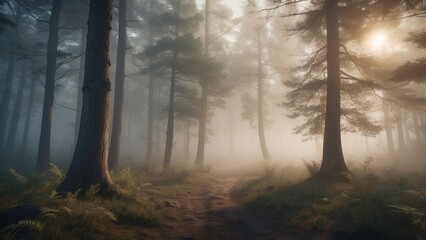 Sunbeams Through Foggy Forest Path