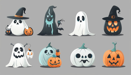 Fototapeta premium Set of Halloween Monsters and Characters in Cartoon Style