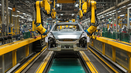 Fototapeta premium A car is being built in a factory with robotic arms. The car is silver and has a futuristic design. The factory is filled with bright lights and the car is suspended in the air