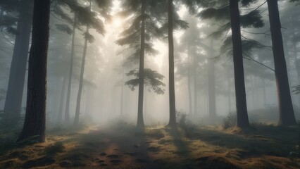 Misty Forest Path with Sunlight Filtering Through the Trees