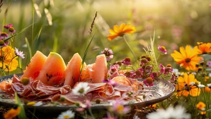 Colorful plate of watermelon and prosciutto sits in a field of wildflowers, perfect for a sunny day picnic or leisurely meal outdoors