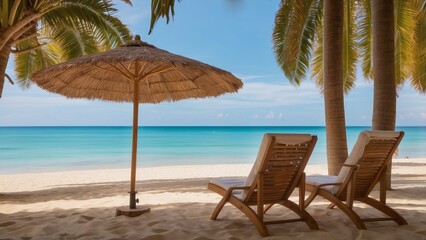 Two Beach Chairs Under a Palm Tree and Umbrella on a Sandy Beach